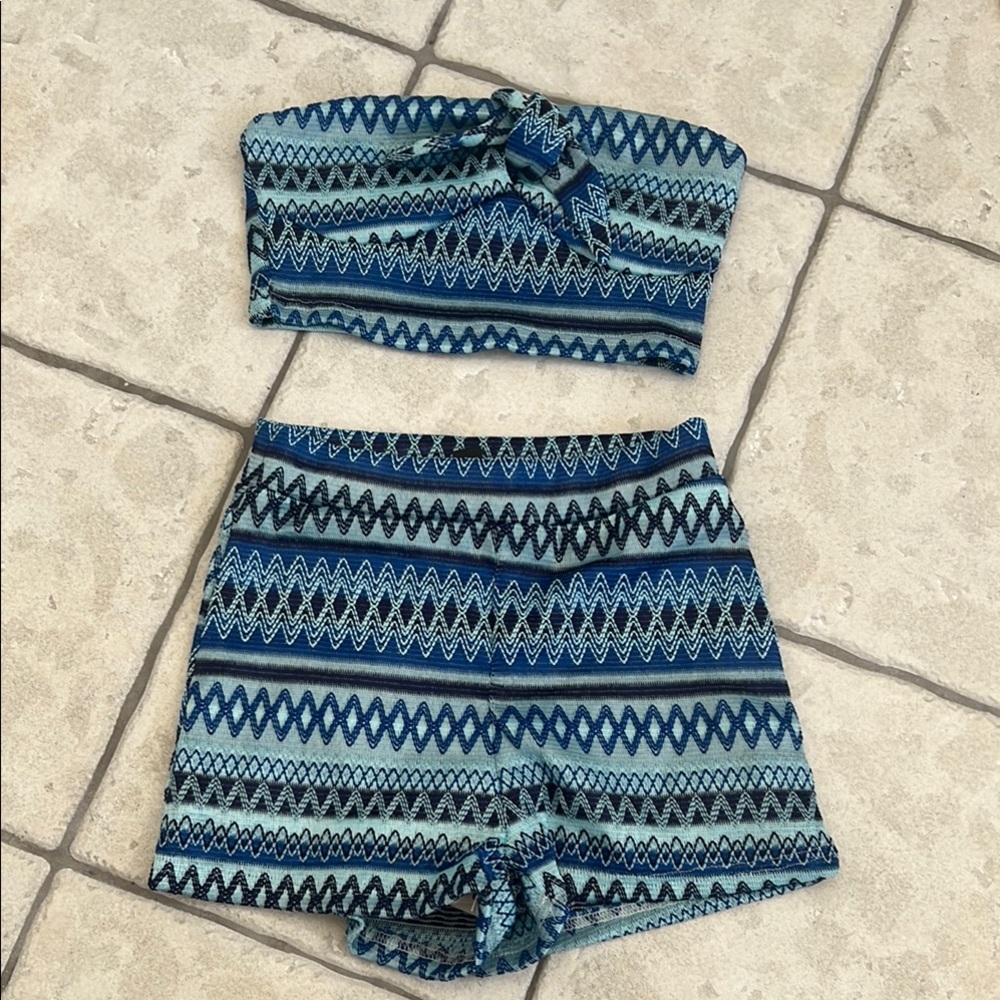 Blue Patterned Strapless Top and Shorts Set